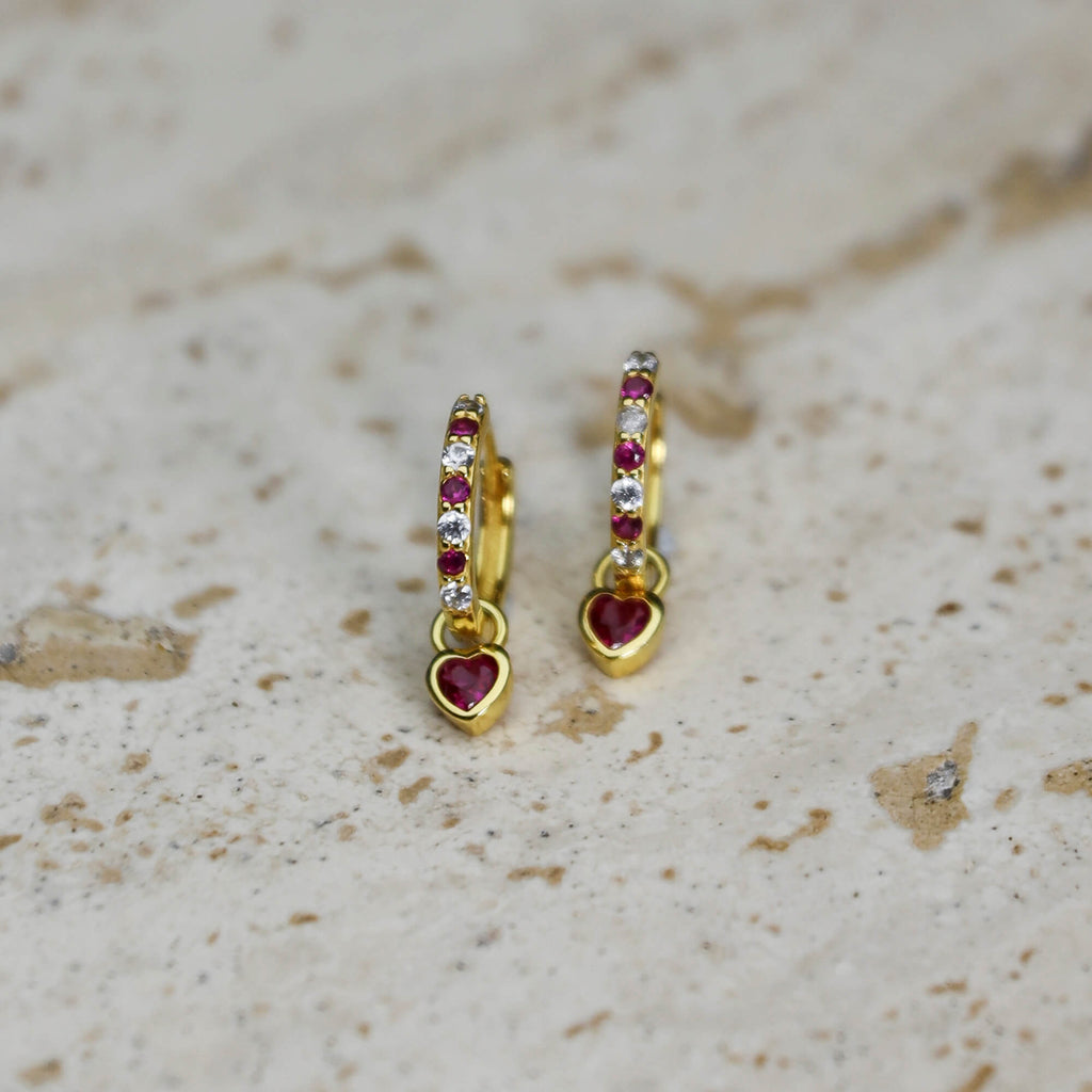 Gold-plated on sterling silver huggies with bright pink heart drop charm, fun modern everyday style. - Solinu Jewellery 