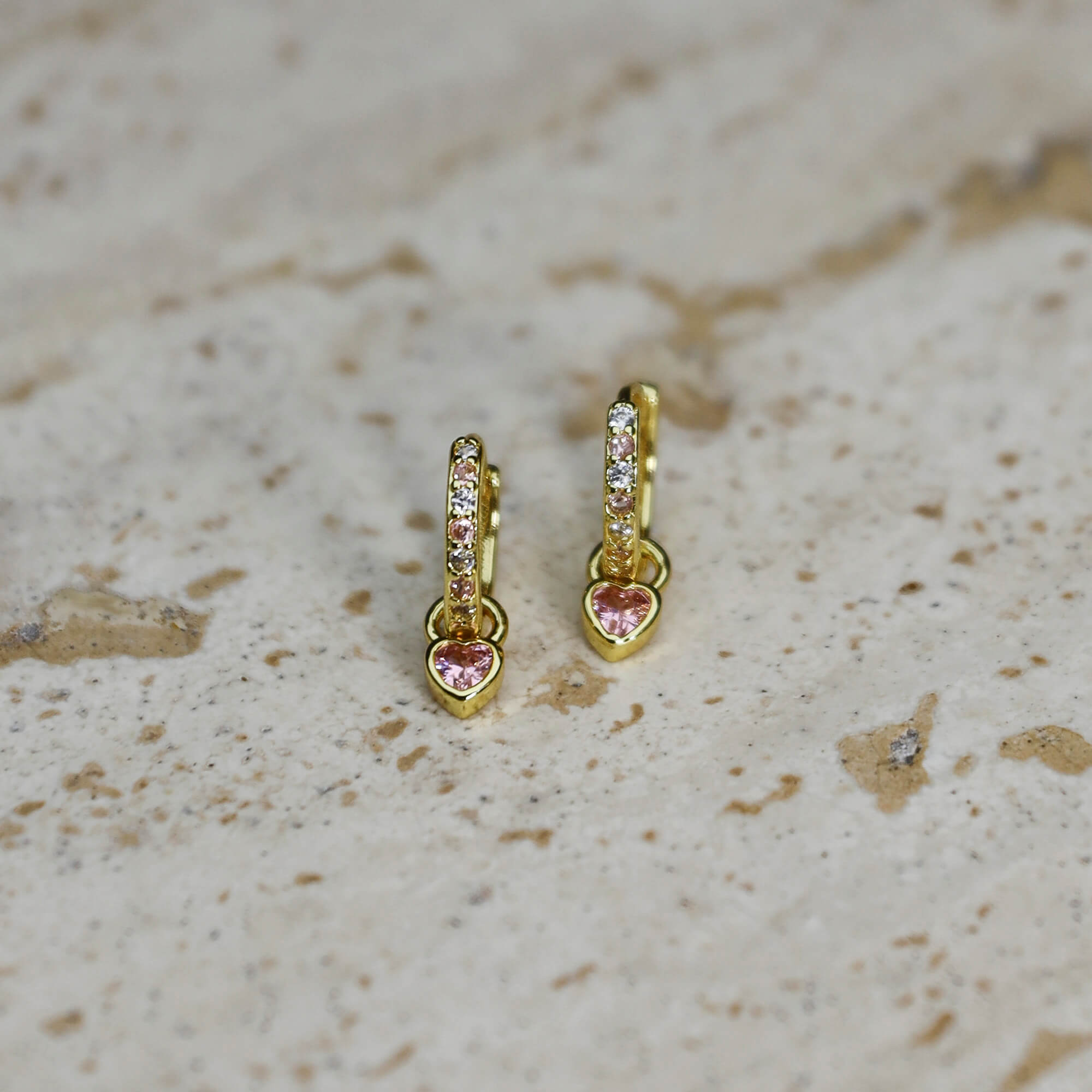 Dainty gold hoops with cubic zirconia heart charm, lightweight and hypoallergenic. - Solinu Jewellery