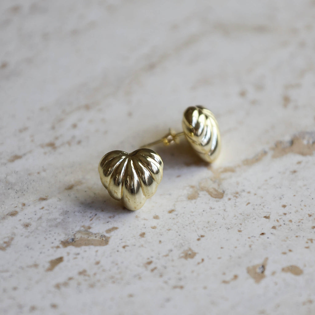 Gold-plated on sterling silver oversized puffy heart statement earrings, playful bold fashion look. - Solinu Jewellery