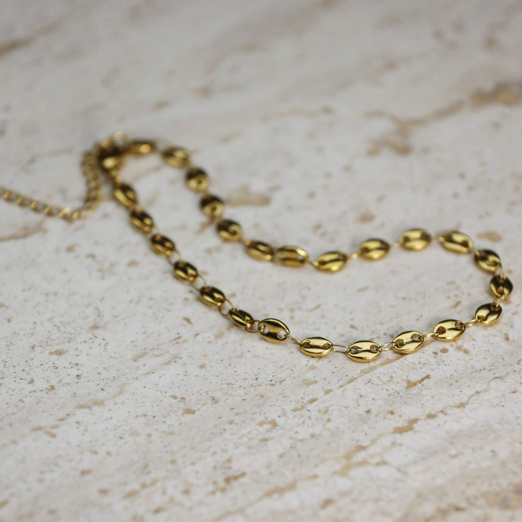 Gold-plated on sterling silver chain anklet with linked coastal-inspired design, delicate elevated beach style, Solinu Jewellery.