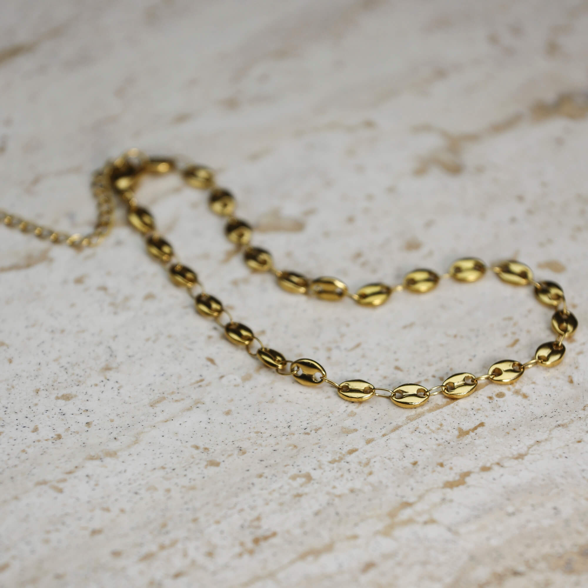 Gold-plated on sterling silver chain anklet with linked coastal-inspired design, delicate elevated beach style, Solinu Jewellery.