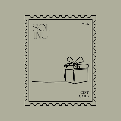 Gift card design with a gift illustration and 'Solinu' branding on a beige background