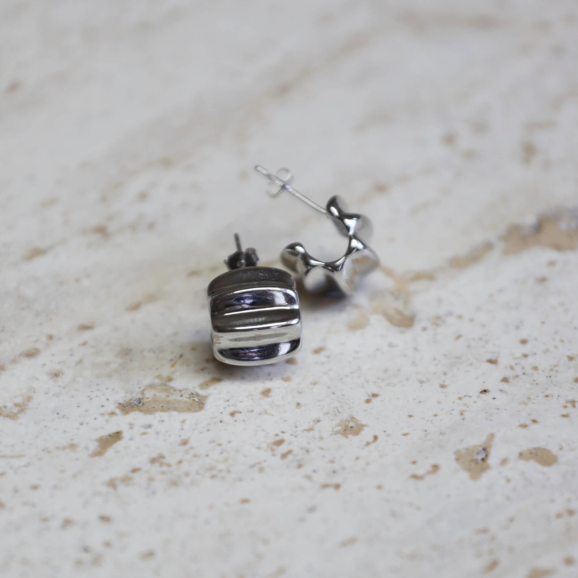 Sterling silver statement huggie earrings with vintage sculptural design, modern elevated style. - Solinu Jewellery